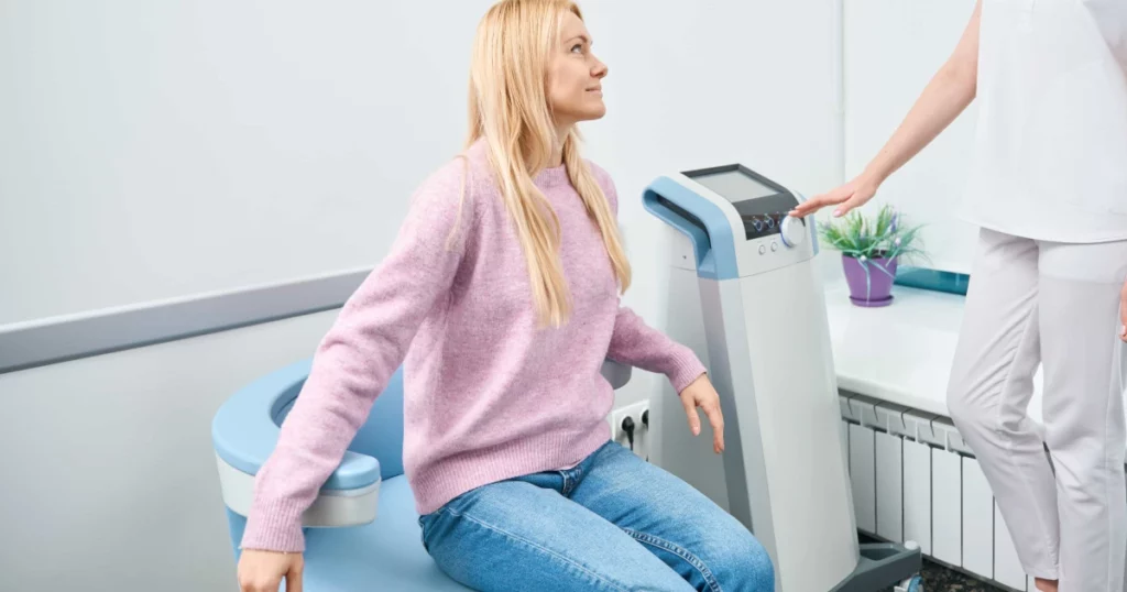 Patient receiving Hi-Fem pelvic floor treatment In Salt Lake City, UT guided by a medical provider